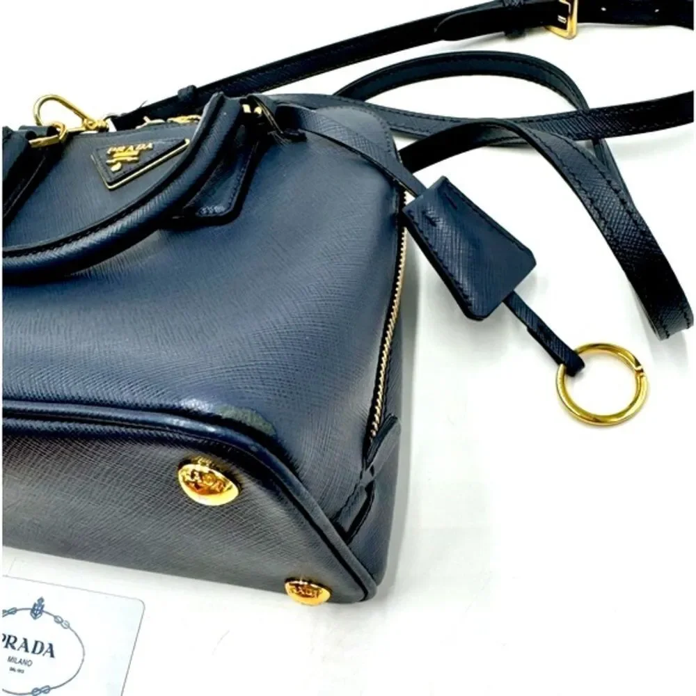 Auth Prada Small Baltic Blue Saffiano Lux Leather 2way Top Handle Promenade Bag
